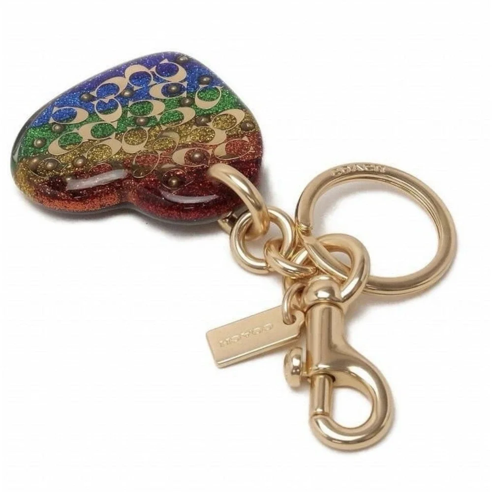 Coach Sprinkle Signature Heart Bag Charm Rainbow Pride Glitter Keychain NEW HTF!